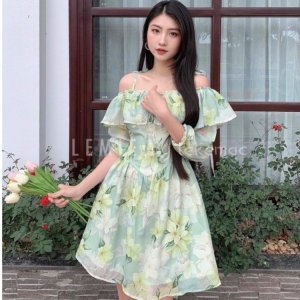 SẴN HÀNG Váy Hoa Ngắn Trễ Vai V22, Đầm Xòe Hoa Dài Tay Phong Cách Tiểu Thư Vải Voan Hoa Cam , Hoa Hồng LEMIE by lekemqc-6