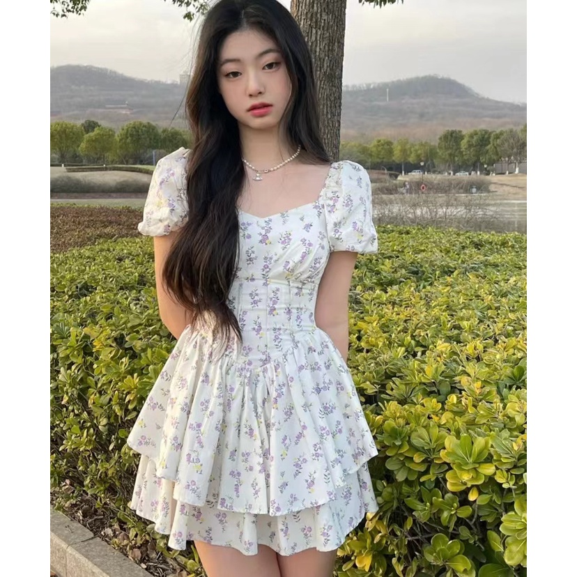 Đầm Ngắn Cổ Chữ V In Hoa Thời Trang-1