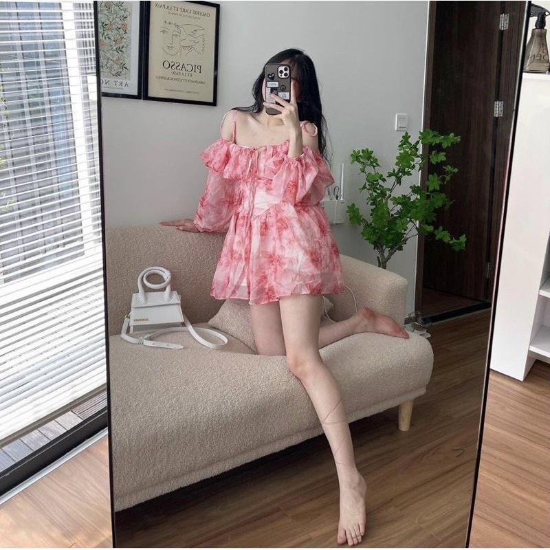 [Hàng đặt trước] Váy hoa 2s trễ vai, vai cách điệu bèo, có độ phồng xoè [MS1]-3