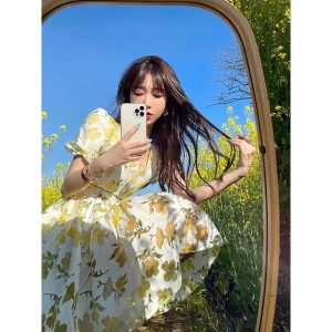 Váy hoa nhí babydoll hoạ tiết bông hoa vàng tay bồng ulzzang (video/sẵn)-5