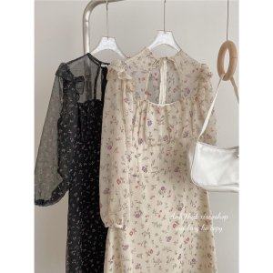 Váy hoa nhí voan, đầm nơ cổ khoét ngực dáng xoè Hàn Quốc xixeoshop - v85-6