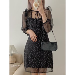 Đầm nơ cổ khoét ngực, Váy hoa nhí dáng xoè Emmei v85-3