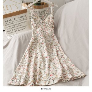 Váy hoa nhí 3 dây vintage. Đầm maxi chất liệu voan hở lưng gợi cảm-6