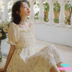 Váy nữ trễ vai hoa nhí phong cách vintage bánh bèo, Đầm tiểu thư ulzzang dáng xòe dự tiệc tiểu thư-4