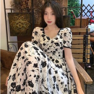 Đầm Chữ A Tay Ngắn Cổ Chữ V Họa Tiết Hoa Thời Trang Sành Điệu Cho Nữ-5