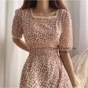 Váy hoa nhí vintage cổ vuông ngắn tay, Đầm vintage dáng dài - Dorita Boutique-2