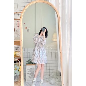 Váy hoa dài tay ulzzang kèm đai Tia19. Đầm hoa nhí ulzzang dáng xoè (Ảnh thật)-5