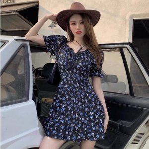 Đầm Tay Phồng Cổ Vuông Màu Đen Họa Tiết Hoa Xinh Xắn Thời Trang-8