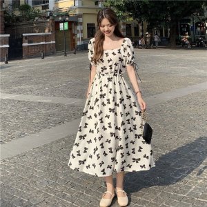 Váy Đầm Cotton Bồng Nơ Dài Họa Tiết Nơ Xinh Xắn Cho Nữ-8