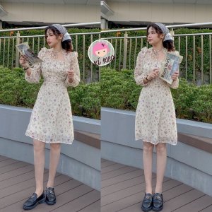 Váy hoa nhí voan, đầm nơ cổ khoét ngực dáng xoè Hàn Quốc xixeoshop - v85-1