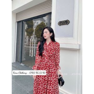 Đầm nữ maxi dáng dài cổ nơ đính ngọc voan hoa nhí D06-3