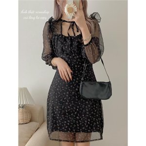 Váy hoa nhí voan, đầm nơ cổ khoét ngực dáng xoè Hàn Quốc xixeoshop - v85-9