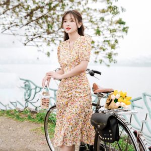 Váy hoa nhí tay bồng đuôi cá thiết kế GIIAN, đầm nữ công sở ngắn tay cổ V rút dây dáng dài G-V2156-5