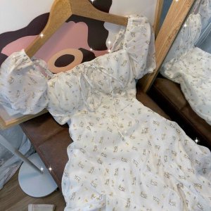 Đầm Maxi Hoa Nhí Vàng/ Váy Maxi Cổ Vuông Tay Bồng Lưng Chun Thun Sẵn Mút Siêu Yêu-6