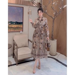 [Mã FATHANG5 giảm 10K đơn 50K] V047 Váy Dự Tiệc Dáng Dài pha Cổ Nơ , Đầm Hoạ Tiết Dài Tay , Chân Váy Dập Ly Cao Cấp-4