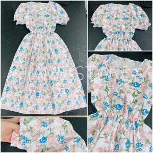 Váy hoa nhí vintage dáng dài maxi xòe qua gối HSG082, đầm dáng xòe cổ tròn tay bồng chun eo dễ mặc-8