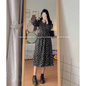 [Ảnh thật/Video] Váy hoa Hàn Quốc kiểu vintage dáng dài loại đep chất lụa hàn hai lớp-5