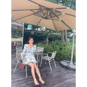 Váy đầm dài tay hoa xanh cổ chữ U dúm ngực tay phồng tiểu thư-6