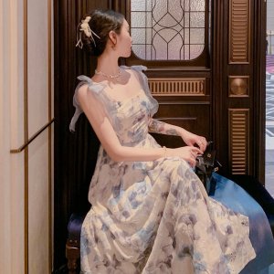 Đầm midi Hoa tay ngắn màu xanh lam Tòa án Pháp Váy thanh lịch 2022-4