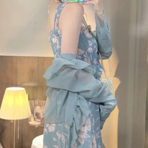 Set Áo Thun Ngắn Tay Và Đầm Dây In Hoa Chất Liệu Chiffon Thời Trang Trẻ Trung-9