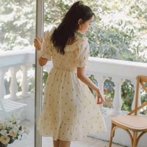 Váy đầm nữ dáng xòe tay con phối bèo họa tiết hoa nhí nhún ở ngực thiết kế trẻ trung thanh lịch-3