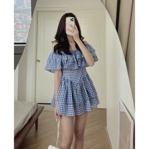 Váy Kẻ Trễ Vai Tầng Xanh Đen Hot Hit Có Ảnh Thật Kèm Video-7