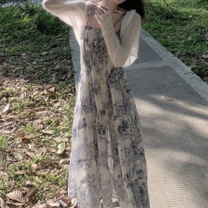 Váy Hai Dây Hoa Xanh Mặc Đi Chơi Đi Biển Đầm Maxi Dáng Dài Mùa Hè Cực Yêu Cho Nữ-4