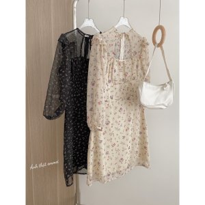 Đầm nơ cổ khoét ngực, Váy hoa nhí dáng xoè Emmei v85-9