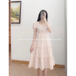 Váy hoa nhí vintage cổ bèo ba tầng đính nơ tiểu thư phong cách Hàn Quốc-3