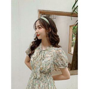 Váy thiết kế LYRA chất voan to hoa chun eo nhún buộc nơ cổ - LWTVD464-3