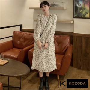 Váy babydoll dáng dài đầm hoa nhí trắng đen hàn quốc dài tay vintage tiểu thư đẹp kozoda D9-9