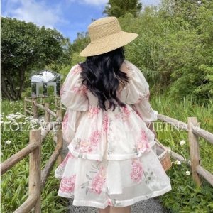 Đầm Baby Rose Hoa Tay Dài Phong Cách Công Chúa - Váy Nữ Cổ Vuông Tay Bồng Dáng Xòe 3 Tầng Bánh Bèo Tiểu Thư Lola VietNam-4