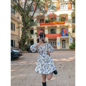 [ẢNH THẬT m ]Váy/ đầm dài tay hoa nhí cổ vuông dúm ngực dáng A bồng bềnh-8