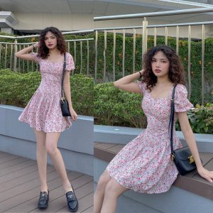 Váy hoa nhí vai bèo dáng chữ A vintage tay phồng bánh bèo sp012-3