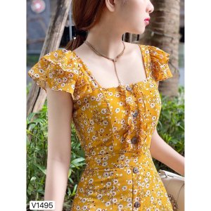 Đầm Váy Lụa Hoa Nhí Hàng Nút Tay Phồng Sang Chảnh Thời Trang Nữ Dạo Phố-2