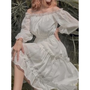 Váy babydoll, váy trắng trễ vai dáng dài hở lưng tay bồng đầm dự tiệc, mặc đi chơi, đi biển, siêu xinh, VAY002-3