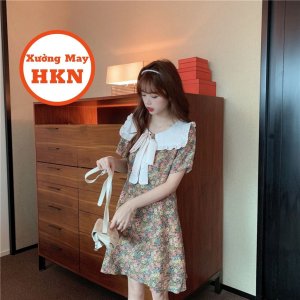 Váy Hoa Cổ Bèo Nơ Chất Thô Cotton Có Khoá Lưng Mã 090 Xưởng May HKN-6