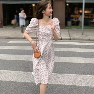 Váy Đầm Tay Ngắn Cổ Vuông Họa Tiết Hoa Xinh Xắn Cho Nữ-7