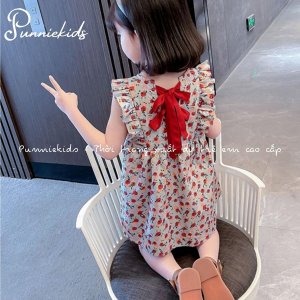 Váy hoa nhí xuất dư thắt nơ sau chất thô mịn mềm mát mùa hè cho bé gái phong cách vintage-7