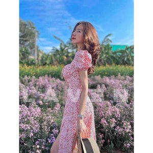VÁY HOA NHÍ MÀU HỒNG RÚT NGỰC CHO NỮ-4