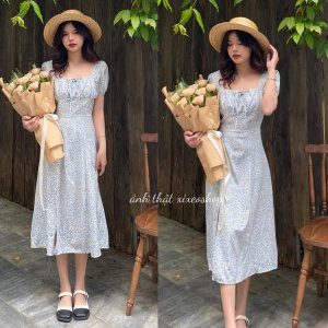 Váy hoa nhí vintage, đầm hoa cổ vuông xẻ tà phong cách Hàn Quốc xixeoshop - v84-7