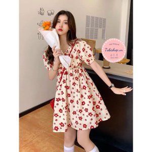 Đầm hoa nhí dáng xòe màu đỏ cho nữ bánh bèo, váy tiểu thư phong cách ulzzang siêu xinh-3