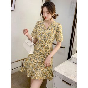 BONUCCI Đầm váy vàng hoa cổ V tôn dáng cho nàng thời trang nữ dạo phố dự tiệc-2