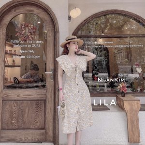 váy hoa nhí đầm hoa nhí cổ bèo dáng dài - mã A006- thời trang thiết kế-1