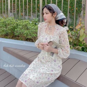 Váy hoa nhí voan, đầm nơ cổ khoét ngực dáng xoè Hàn Quốc xixeoshop - v85-3