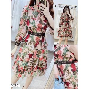 V2281 Váy voan hoa be hồng tay lỡ cổ tròn công sở - Dolce viva colection-6