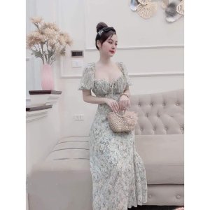 Đầm maxi hoa nhí xanh thiết kế vintage nơ ngực tiểu thư, Váy dự tiệc nữ ulzzang 2 dáng body ngắn và dài rẻ đẹp-3