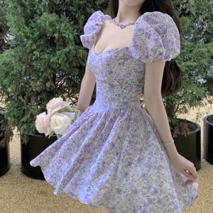 Váy hoa tím tay bồng chun vai hai lớp siêu xinh-4