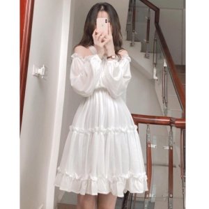 Váy babydoll, váy trắng trễ vai dáng dài hở lưng tay bồng đầm dự tiệc, mặc đi chơi, đi biển, siêu xinh, VAY002-5