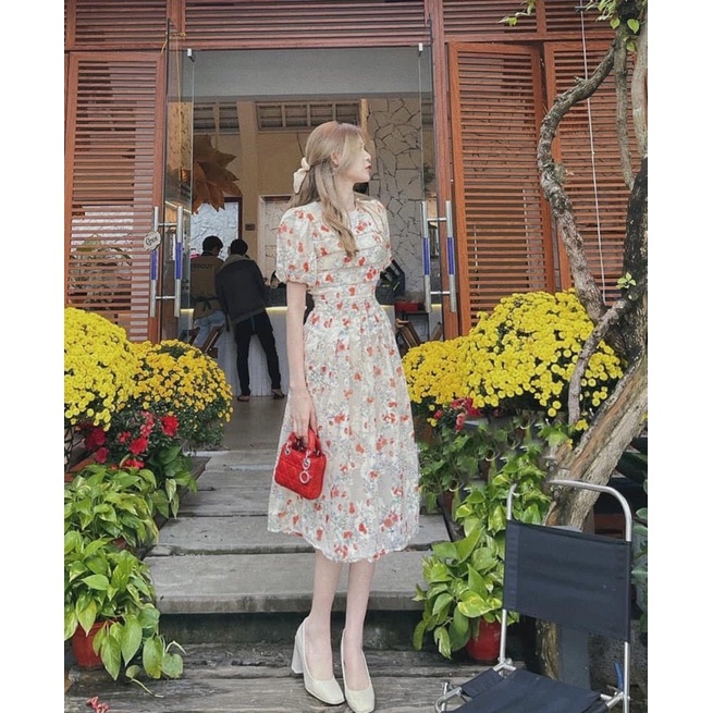 Váy hoa nhí xếp li ngực tay bồng tiểu thư diện đi chơi đi tiệc tone màu sáng da 2 lớp nhẹ nhàng xinh lắm-1